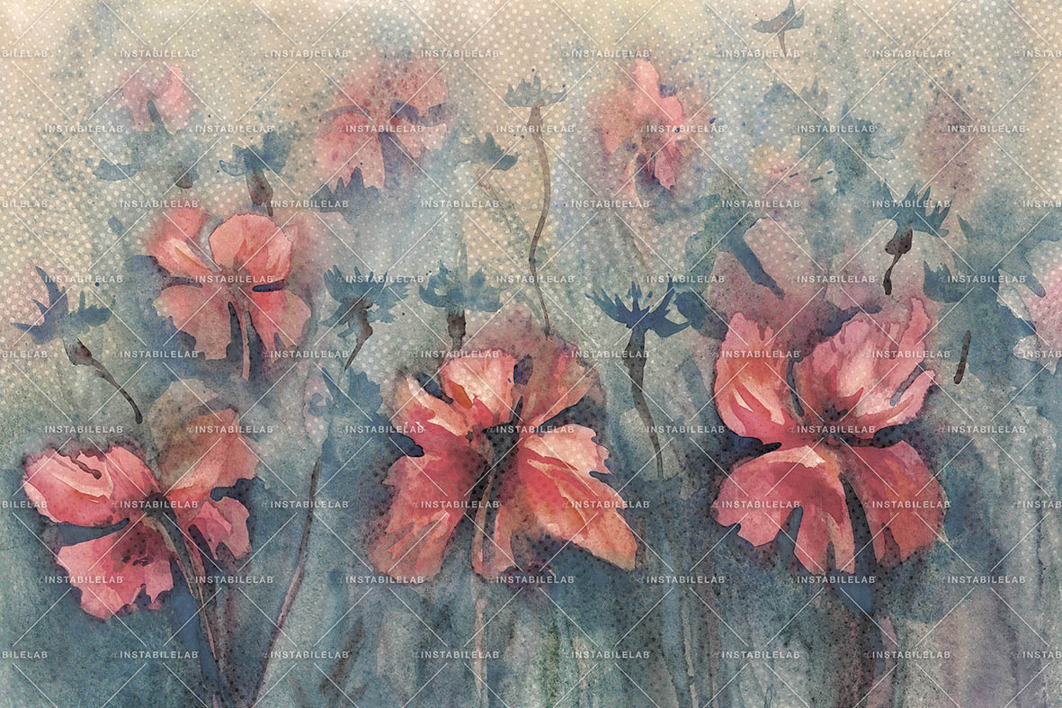 Poppies and cornflowers in the rain watercolor background. Summer field