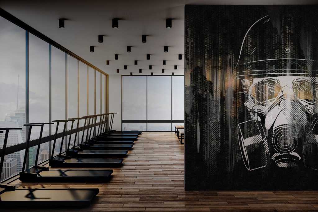 Big white wall in a modern gym with fashion treadmills, wooden floor and big clean windows in a skyscraper. Health concept. 3D Rendering