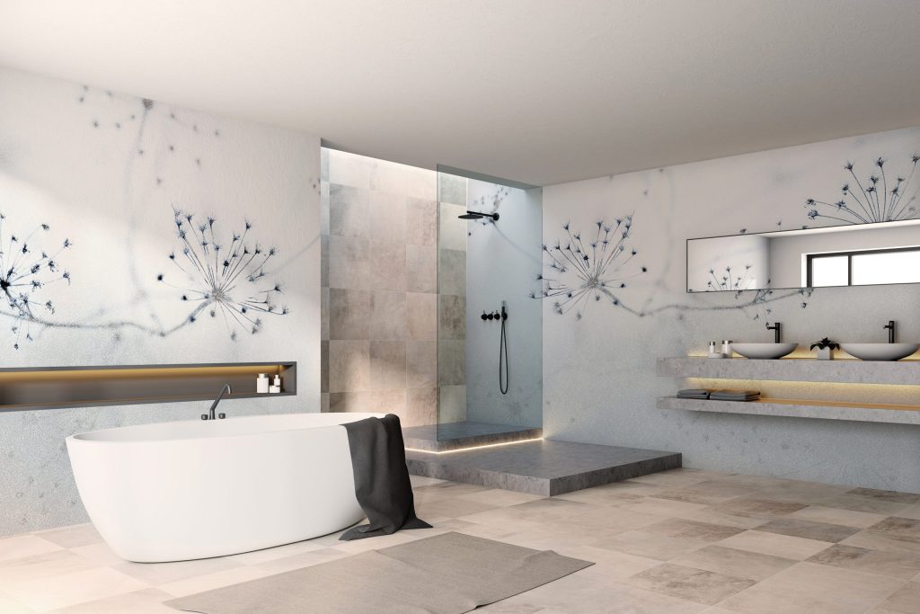 White and tiled bathroom corner with a white tiled floor, a tub and a shower with a double sink. 3d rendering mock up