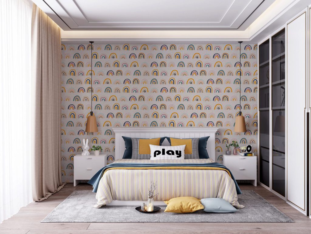 Interior Kids Bedroom Wallpaper Mockup - Renderización 3D, Ilustración 3D