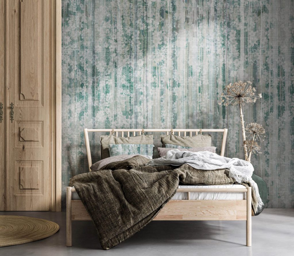 Bed with linen bedding, dry plant and wooden door in bedroom, room in natural tones, 3d render