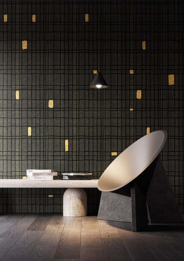 Brooke is a modern geometric wallpaper with a black background from the 24K collection by Instabilelab. 