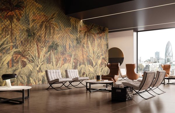 The JUSTINE Nature-themed Wallpaper, with its giant leaves set against a backdrop of palms, creates a natural oasis where one can relax.