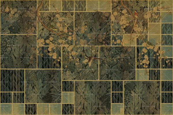 Larisa est le papier peint de parties géométriques dorées avec des fleurs et des oiseaux sur le thème de la nature. Réalisée avec du matériel doré Prestige. Instabilelab