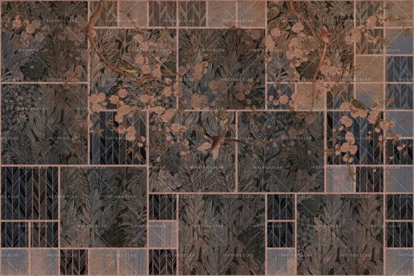 Larisa is the golden geometric wallpaper with flowers and birds themed nature. Made with golden material Prestige. Instabilelab