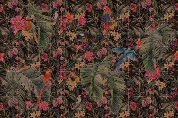 Wallpaper with exotic birds and floral nature theme featuring parrots. Decorative wallpaper perfect for hotel hall, living rooms, and offices. Mya Instabilelab